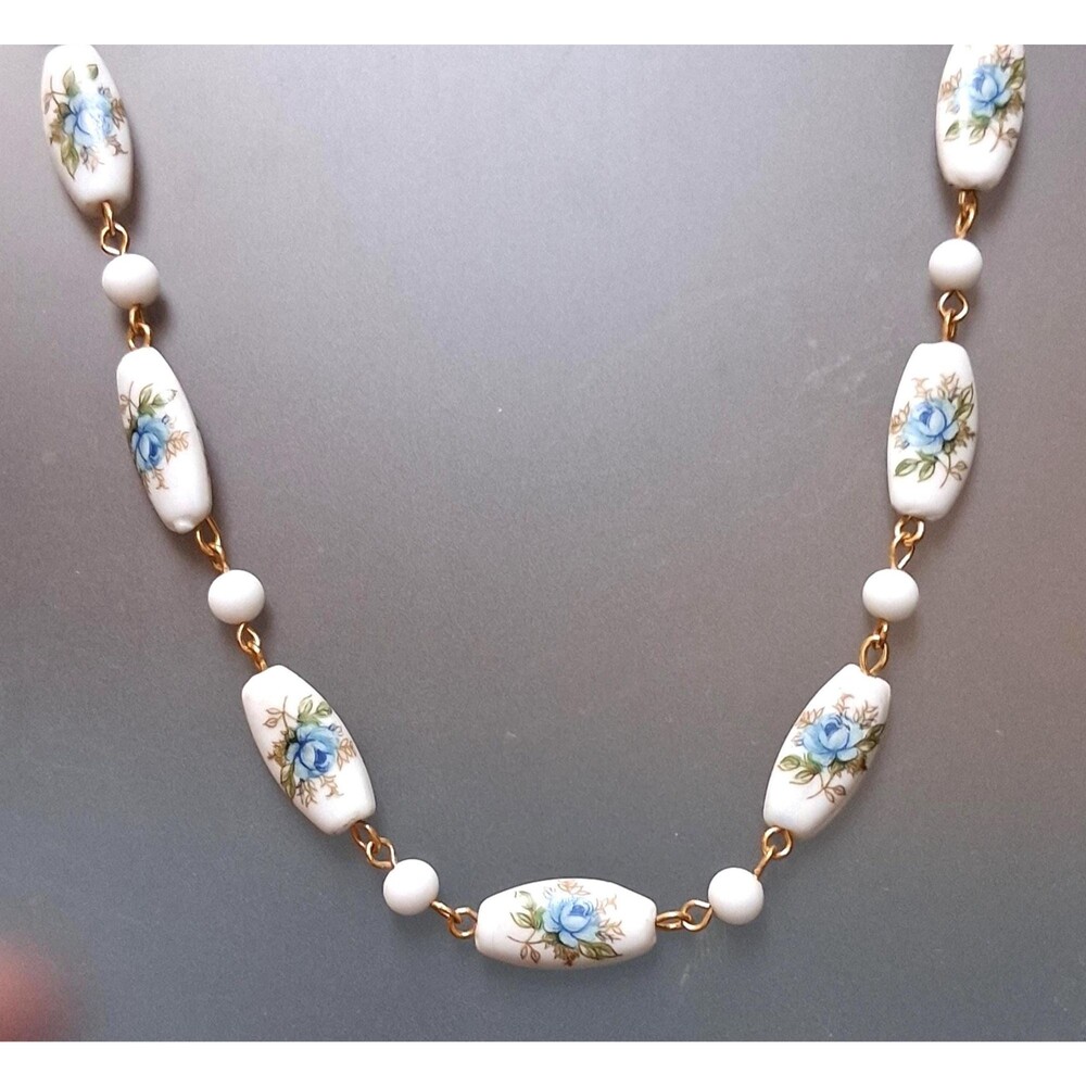 Vintage Blue Roses Glass Bead Necklace
